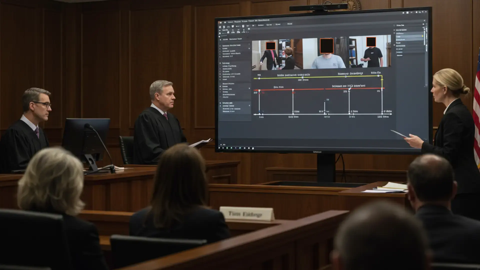 A courtroom scene displaying digital evidence on a large screen with redaction, showcasing why the chain of custody is important in legal cases.