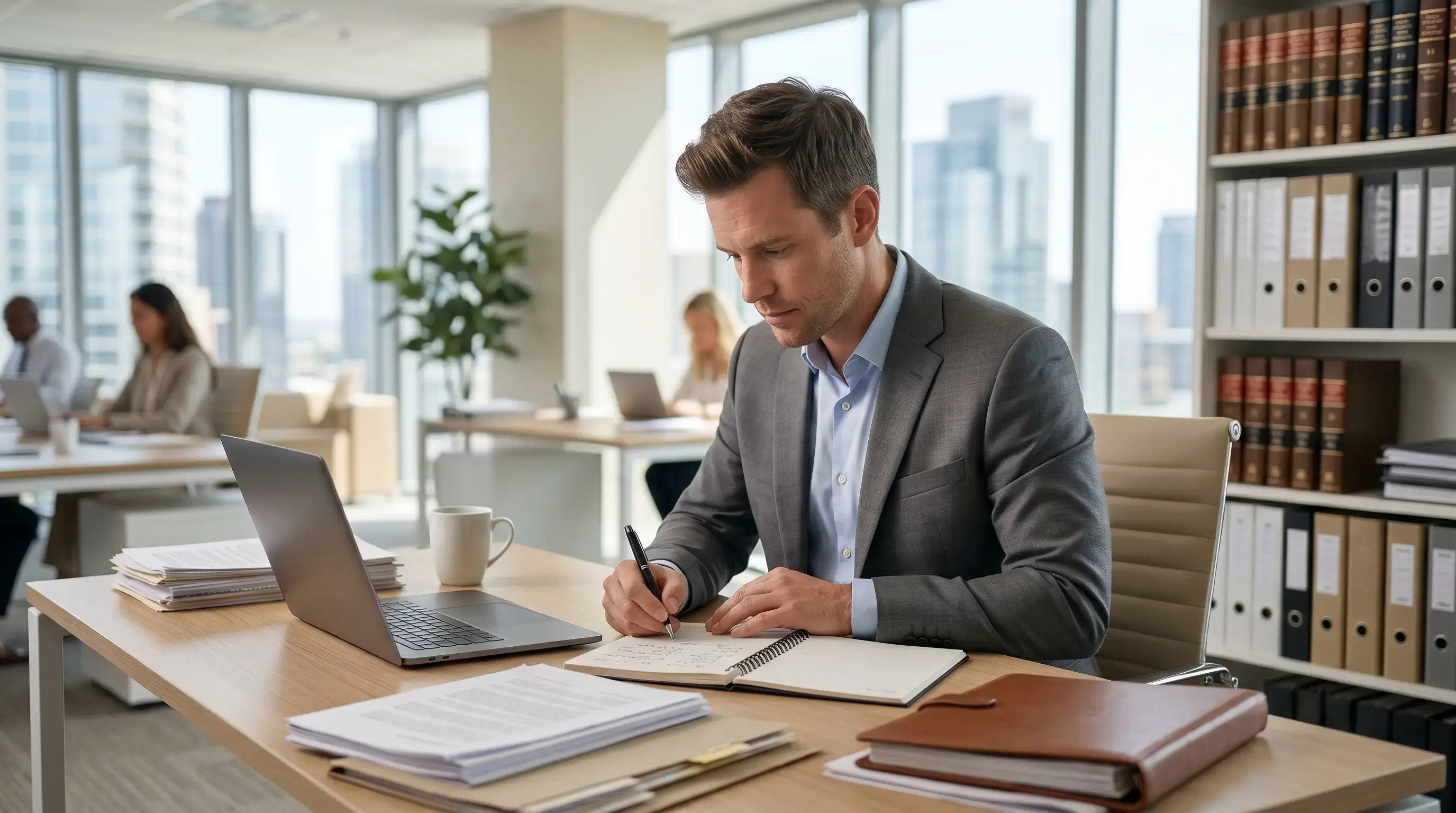 A legal professional writing in a notebook at a bright office desk next to a laptop.