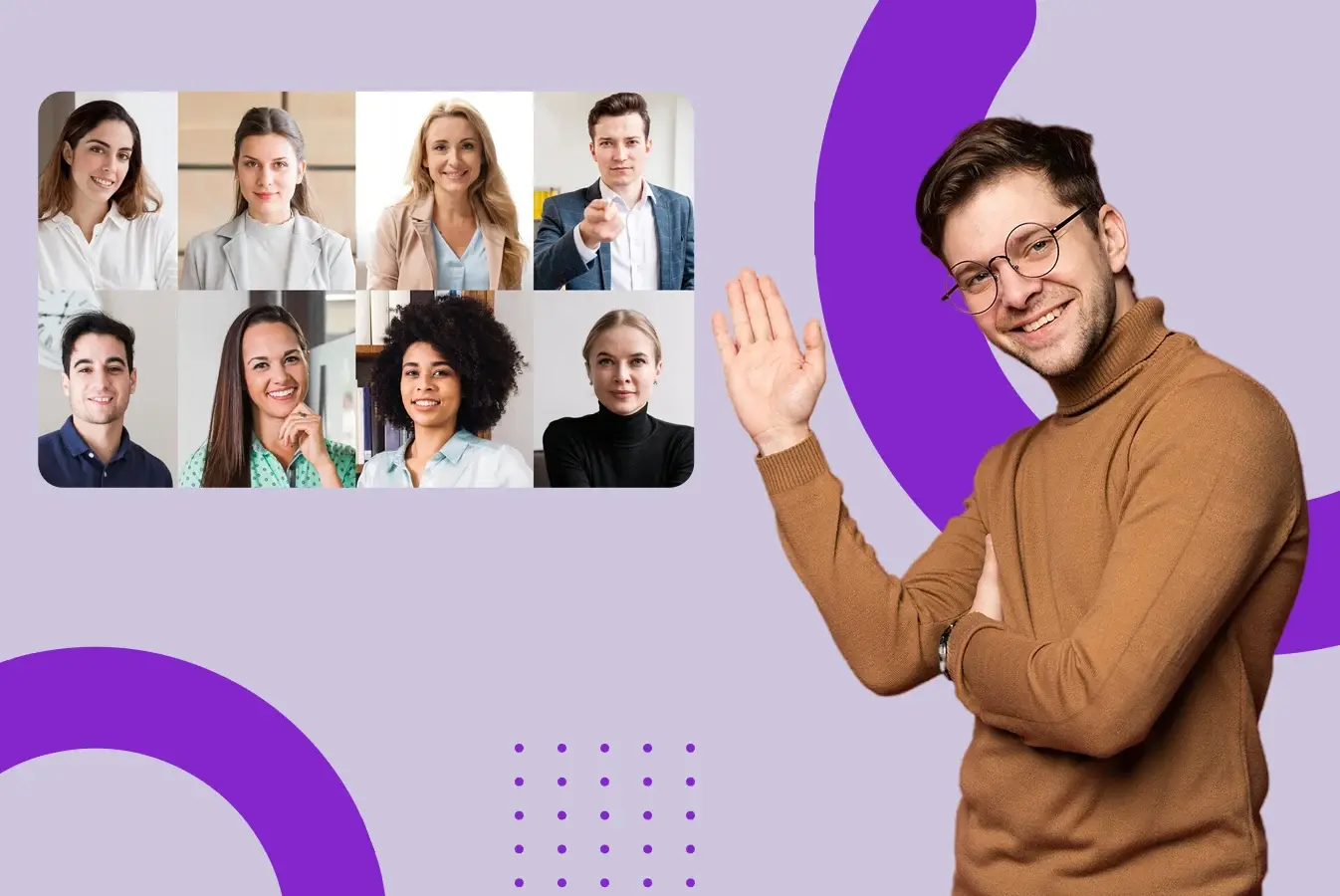 A man standing next to a screen displaying eight people in a video call