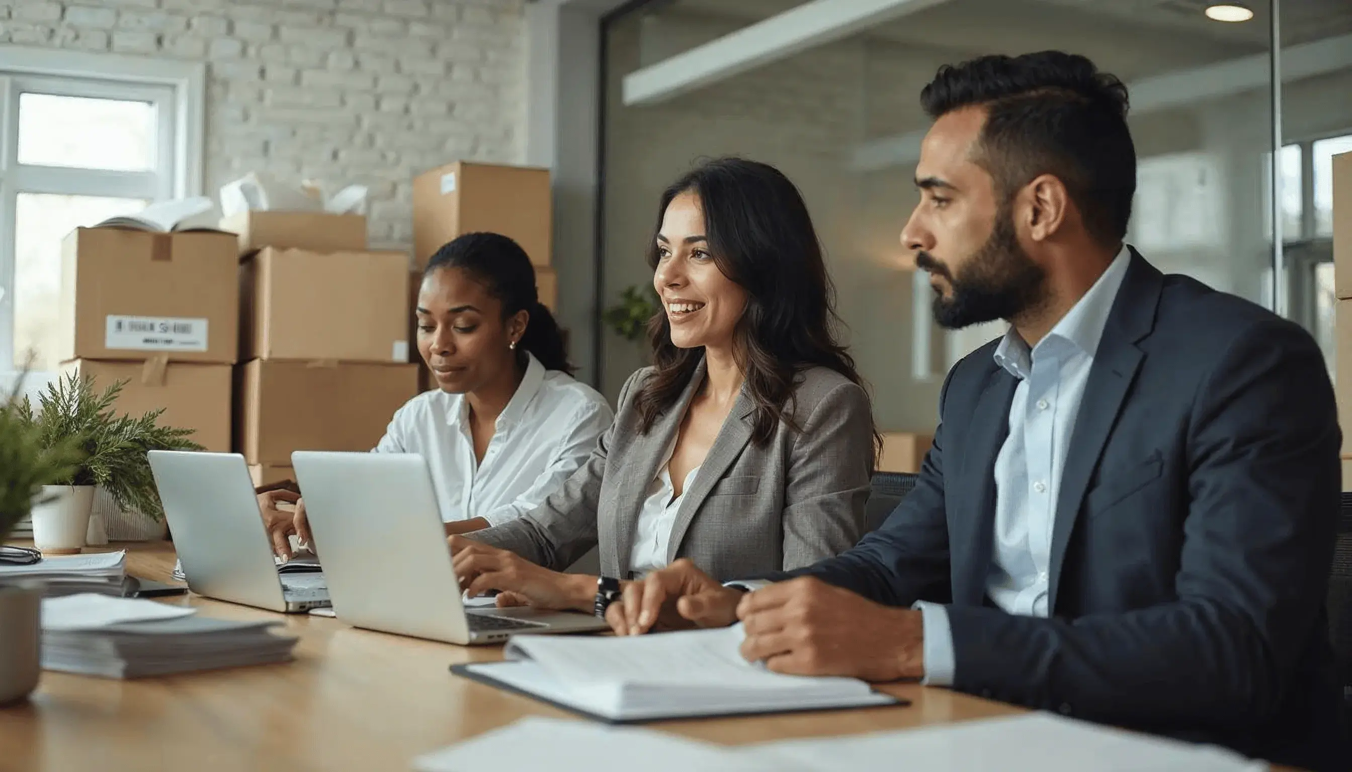 Three lawyers collaborating on laptops in a modern office, reviewing documents and digital content together.