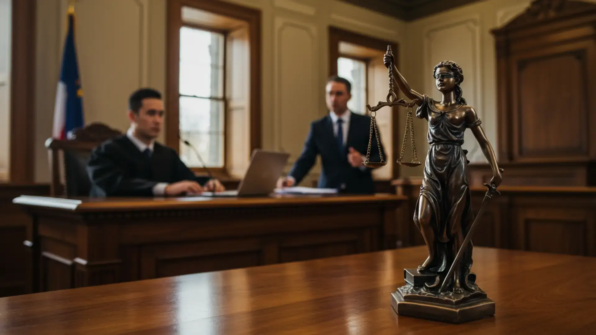 Lady Justice statue in courtroom symbolizing fairness and legal digital evidence management for legal aid cases.
