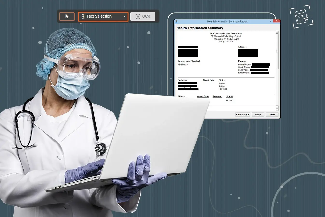 A medical professional viewing health document with redacted data 