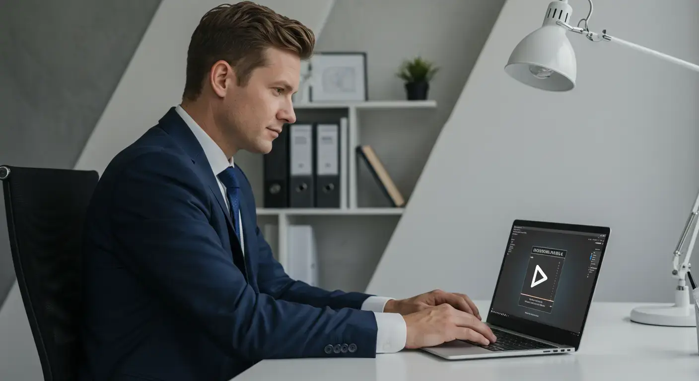 A Caucasian CEO in a modern office securely sharing a confidential video on a laptop, ensuring private video sharing with restricted access controls.