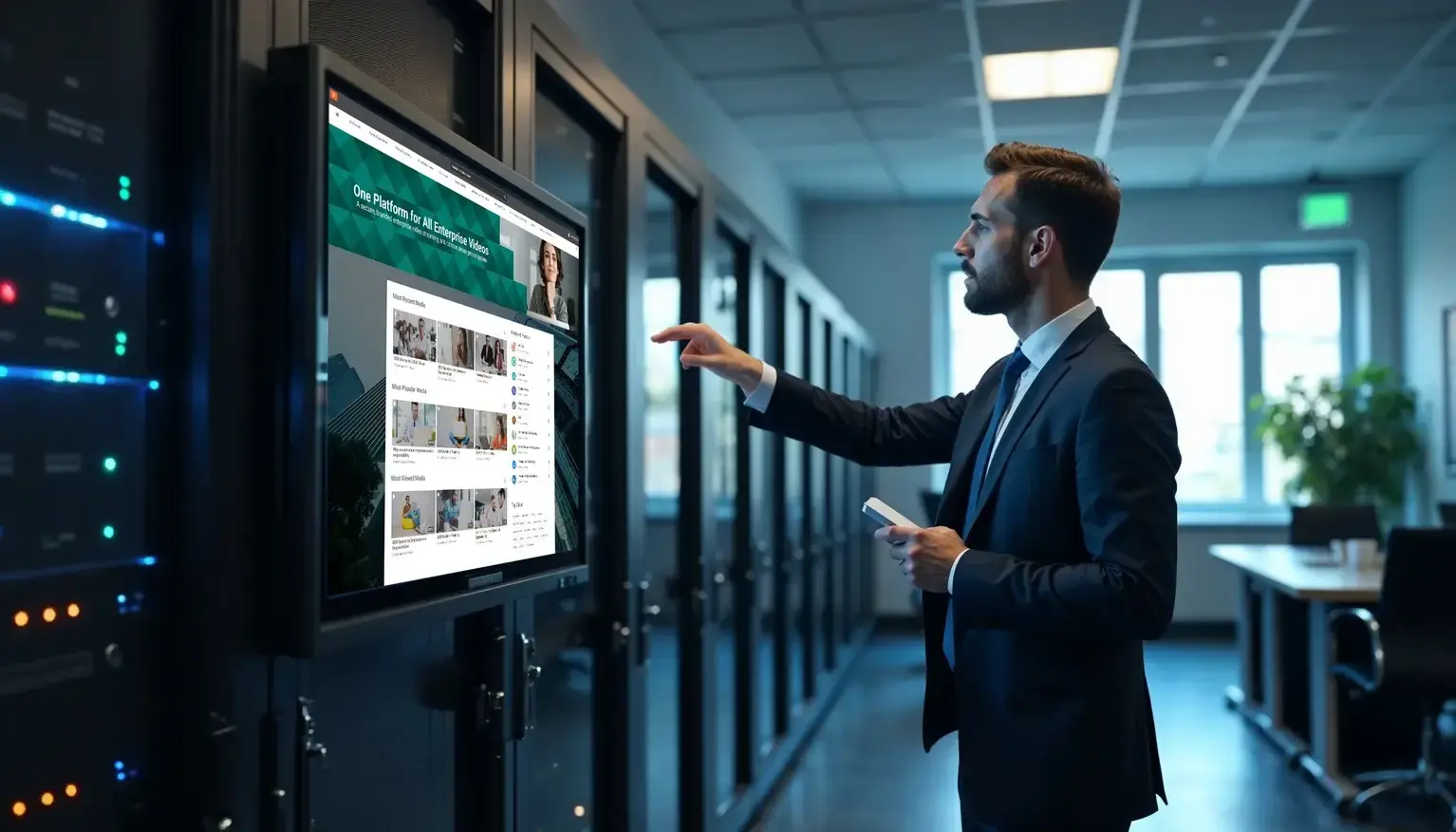 Business professional using an on-premises video portal in a server room for enterprise video management.