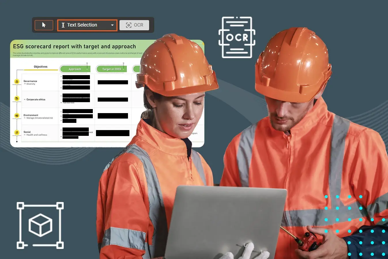 Two professionals viewing a redacted ESG report 