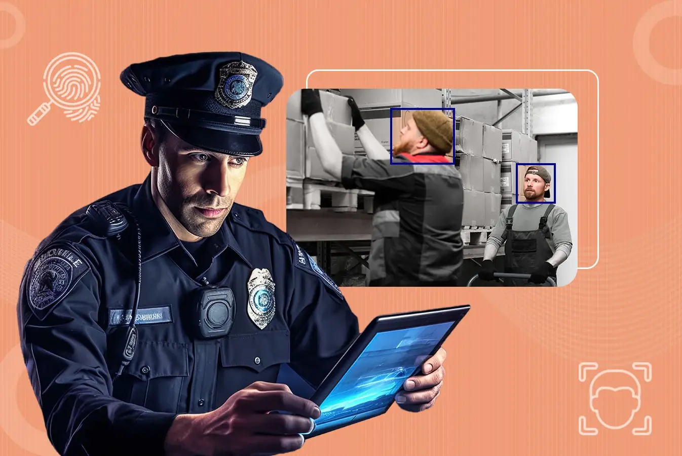 A police officer viewing a video file and scanning faces 