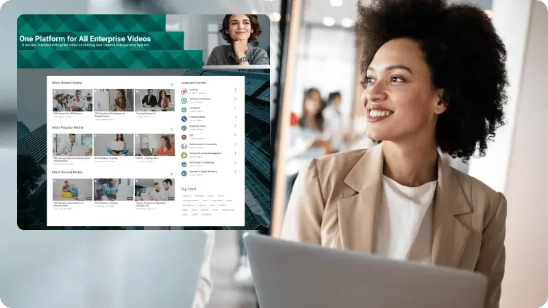 A woman looking at an enterprise video platform with ai video search and content indexing