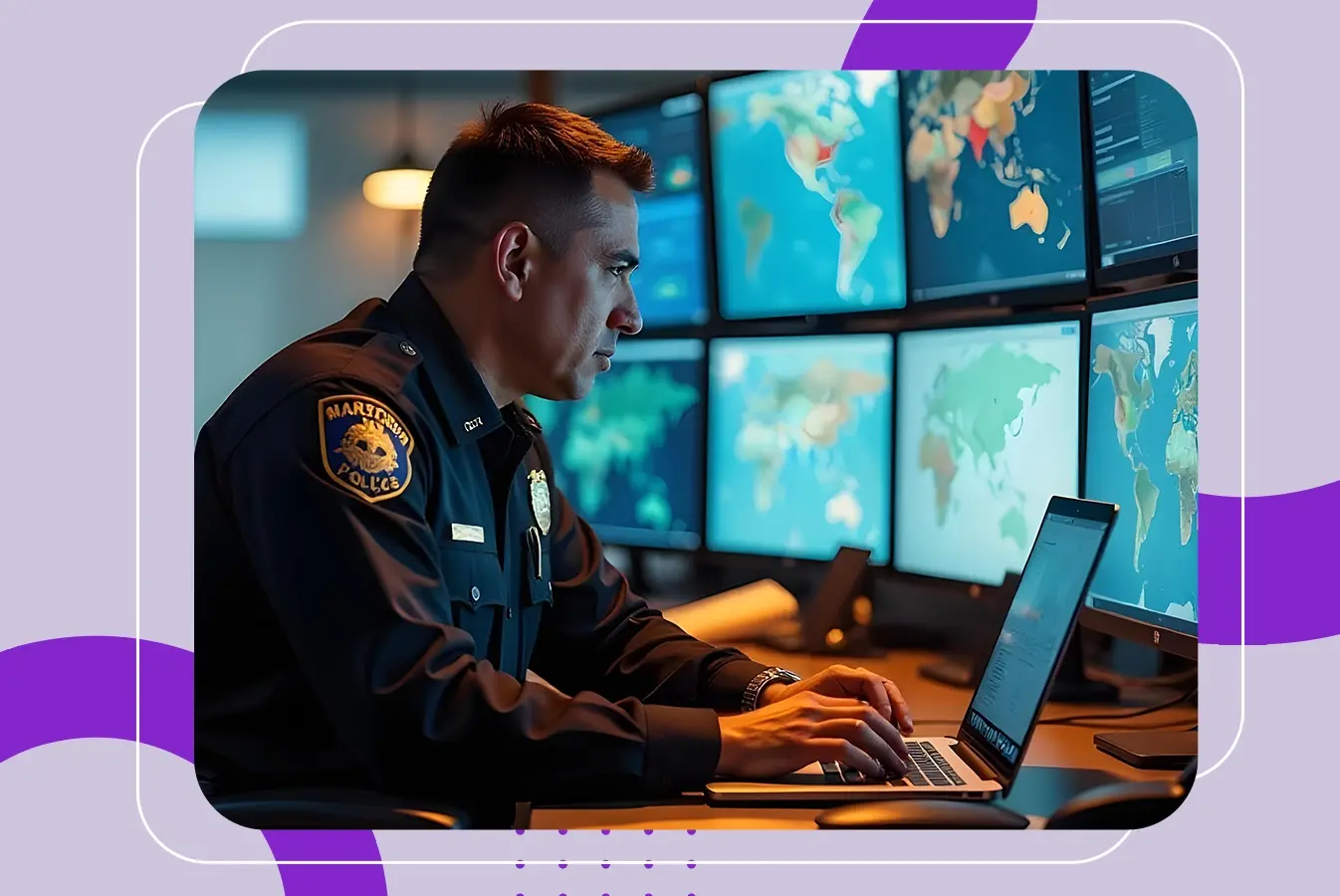 An officer using a laptop.