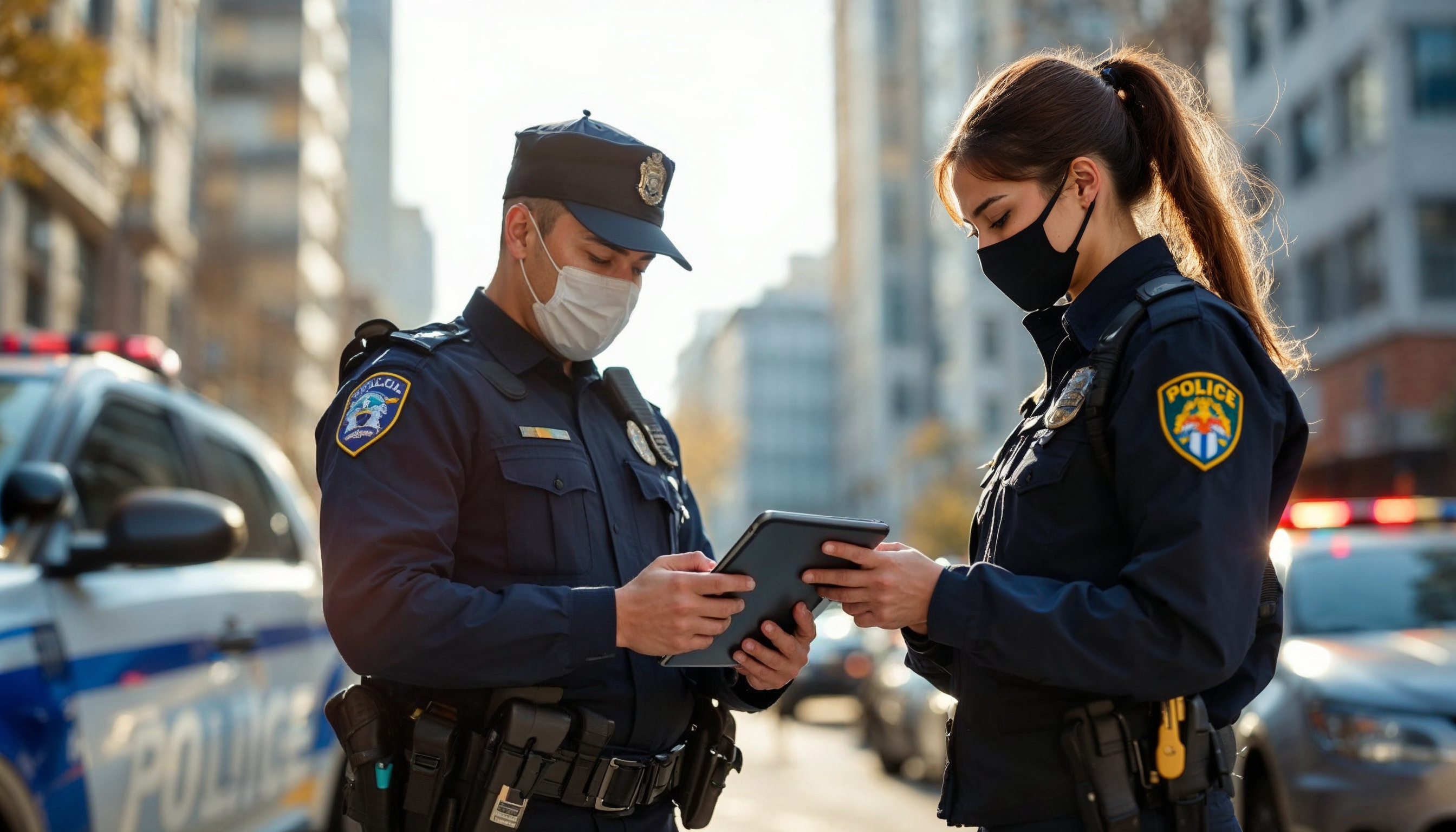 A bright daytime scene of a law enforcement team, featuring an Asian male officer and a Caucasian female officer, discussing cloud-based software on tablets in an urban environment, with a police cruiser parked nearby and city buildings in the background.