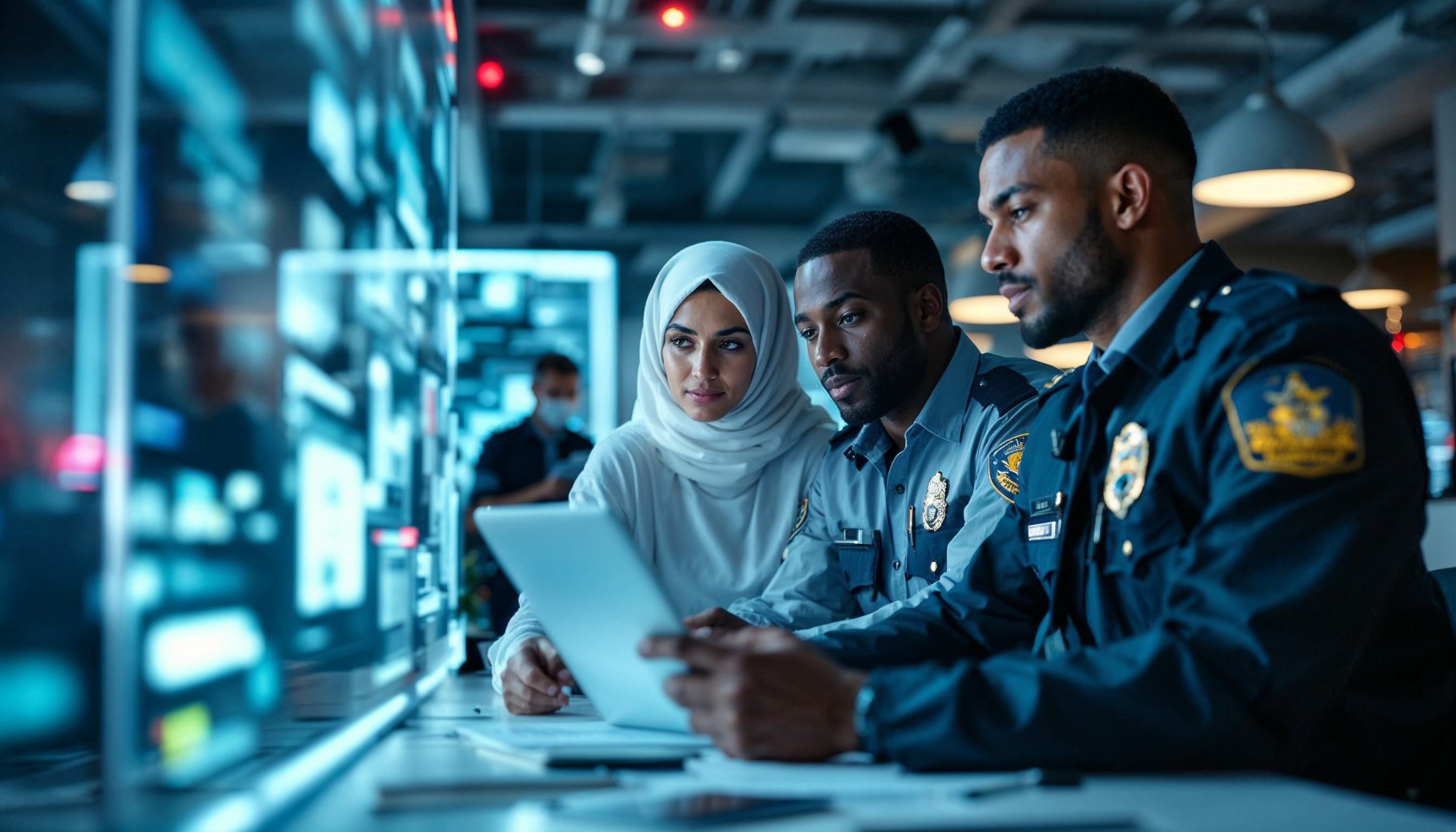 A group of law enforcement officers, including a Middle-Eastern female officer and a Black male officer, brainstorming in a high-tech office space about how to implement evidence management in the cloud.