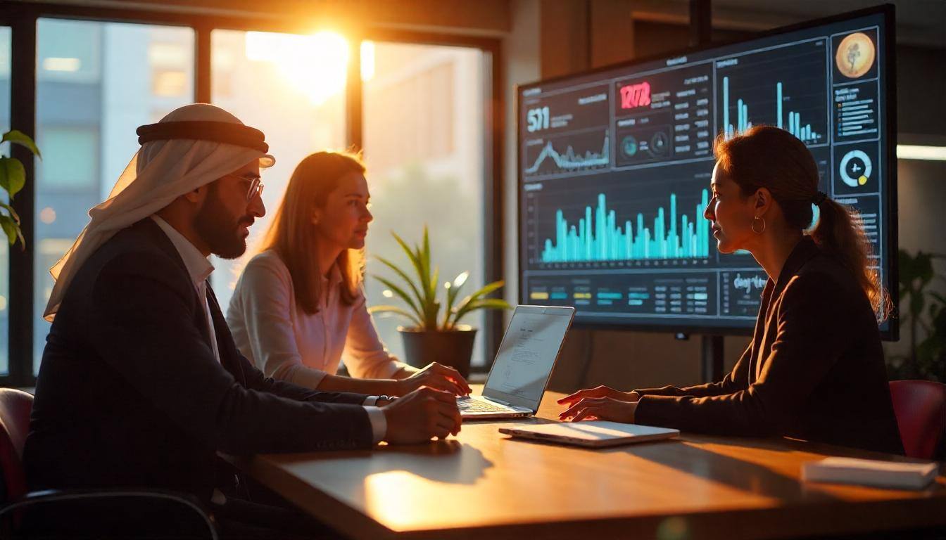 2 people sitting a professional who displays company information on pc screen