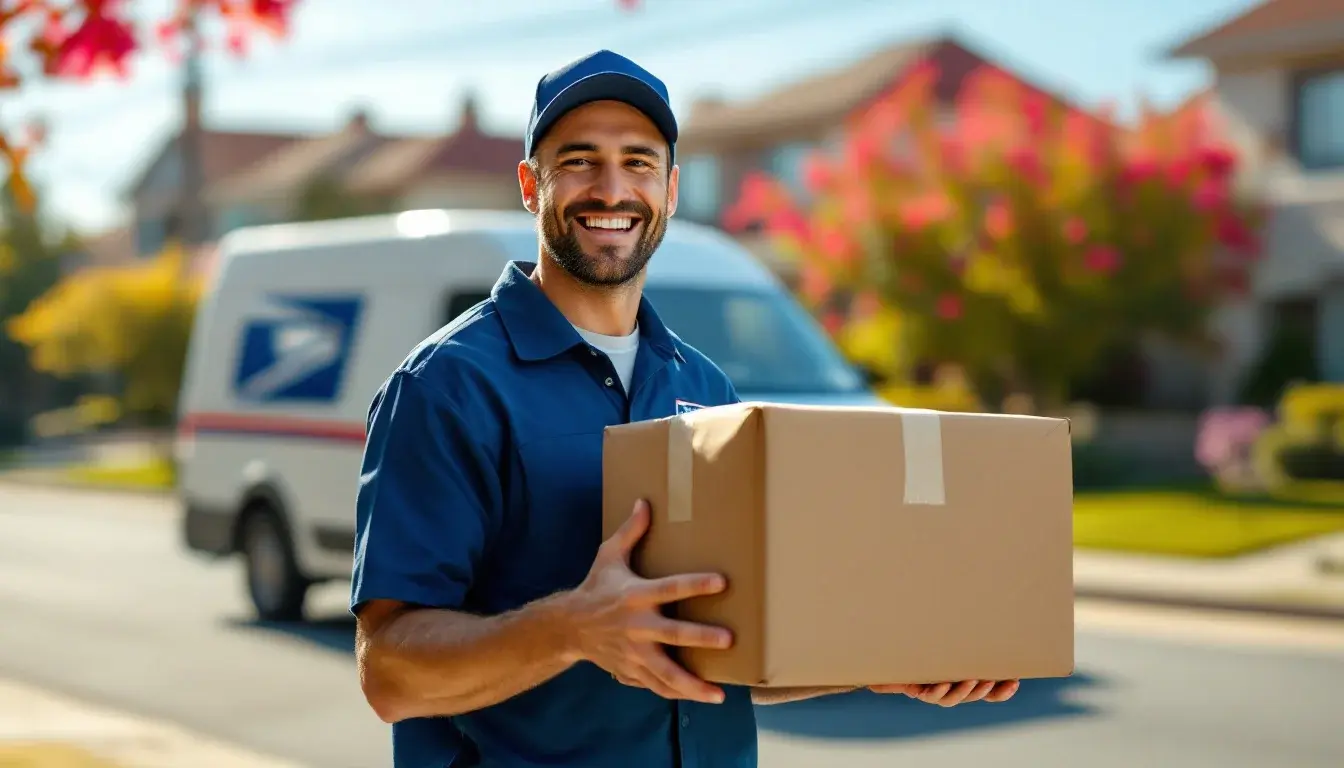 A postal delivery man holding a parcel