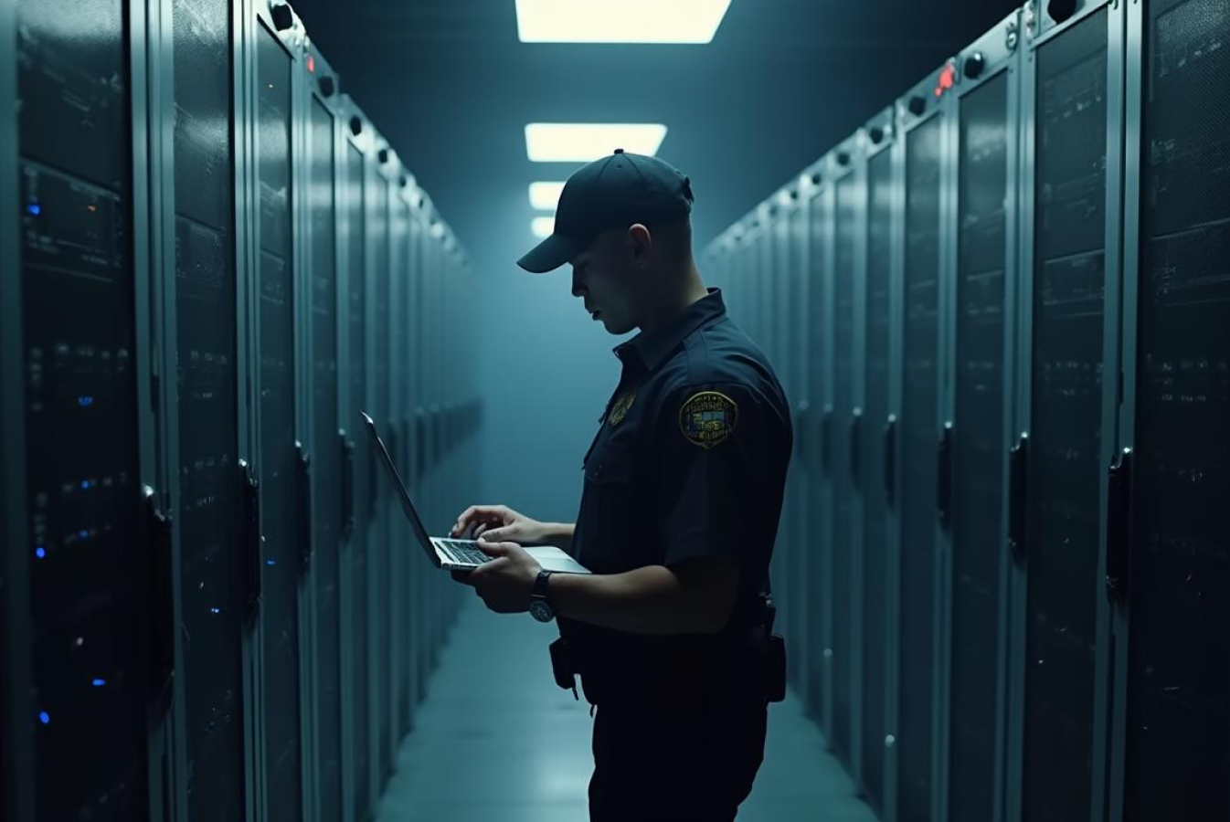 Police officer holding a laptop in a server room 