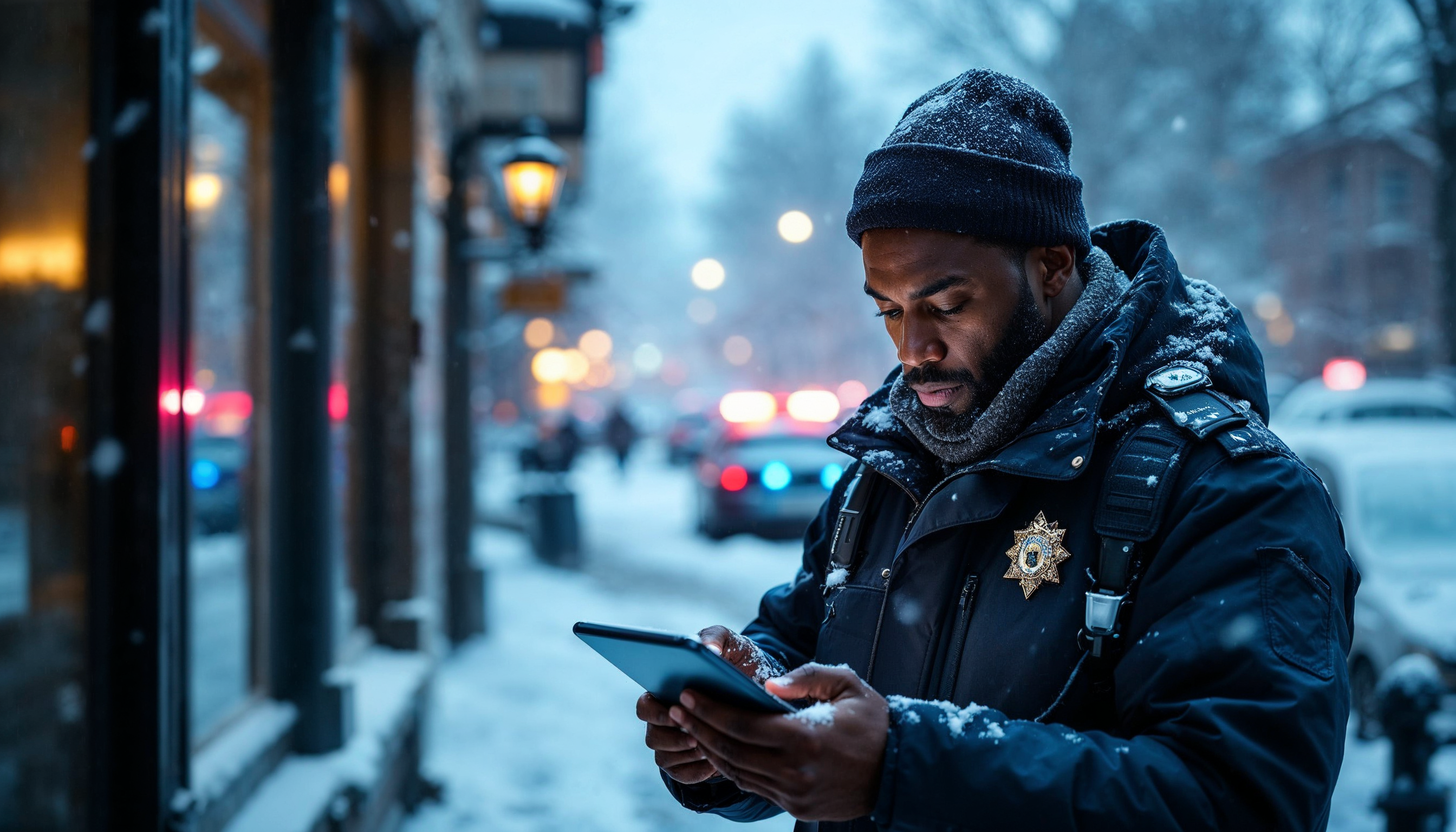 A winter scene depicting a Black male officer outside a police station, using AI technology on a tablet to manage evidence in a snowy environment. Snow-covered streets and police vehicles create a seasonal atmosphere.