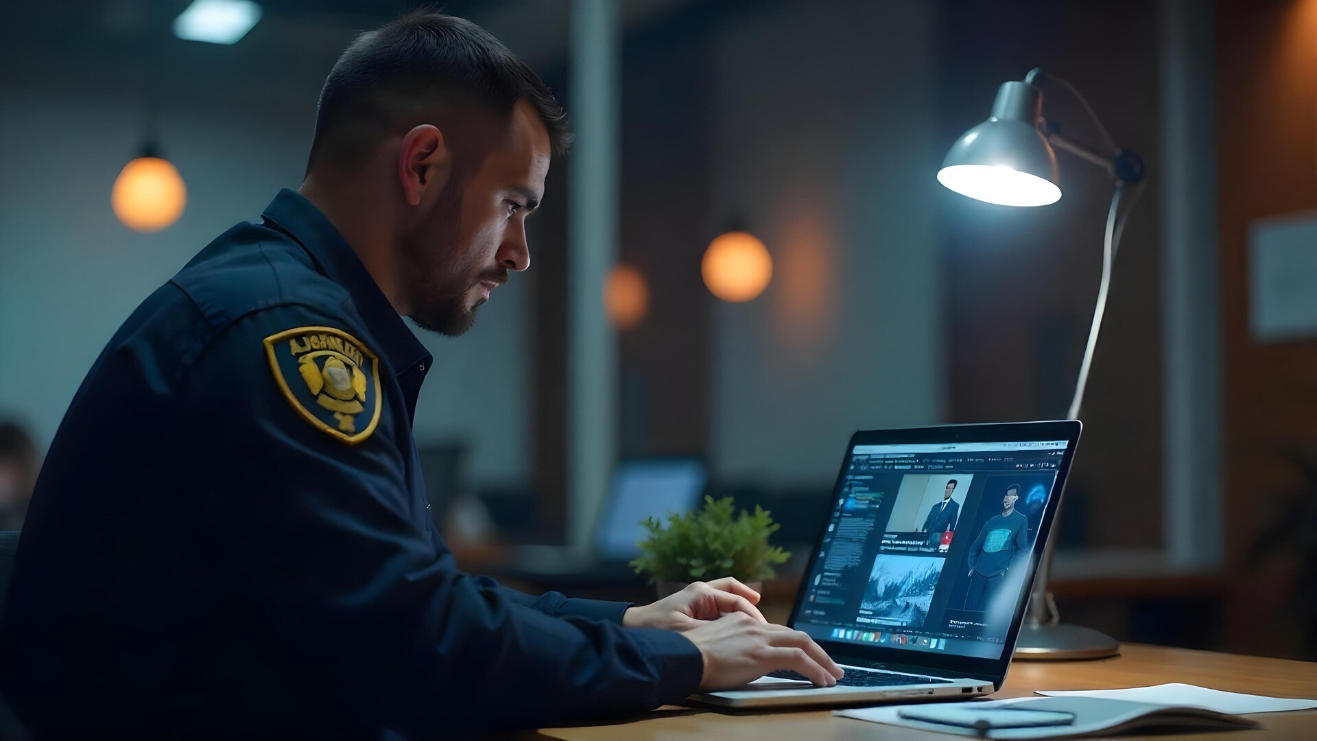 A police officer working on a laptop to view digital evidence