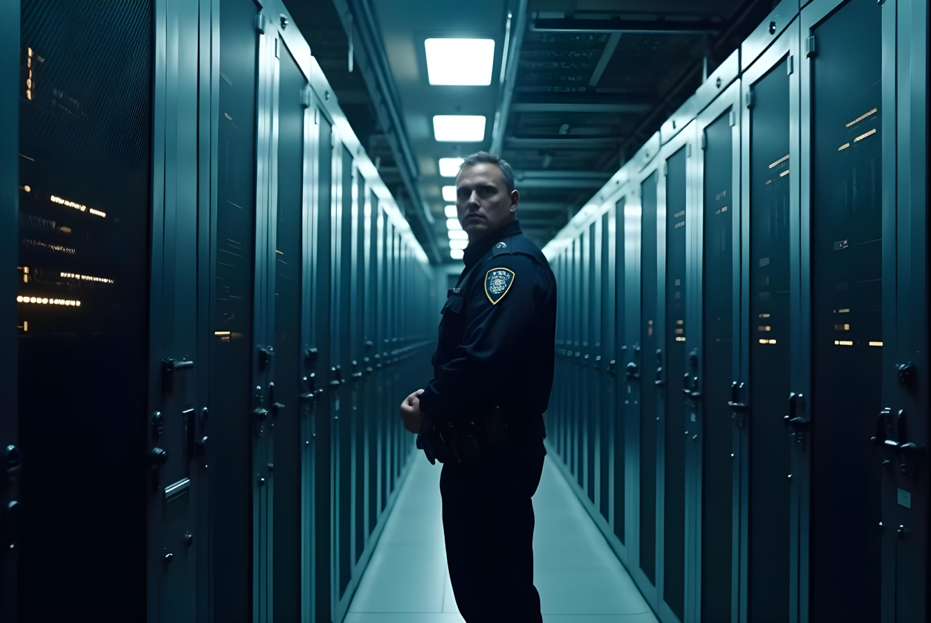 A police officer standing in a data center