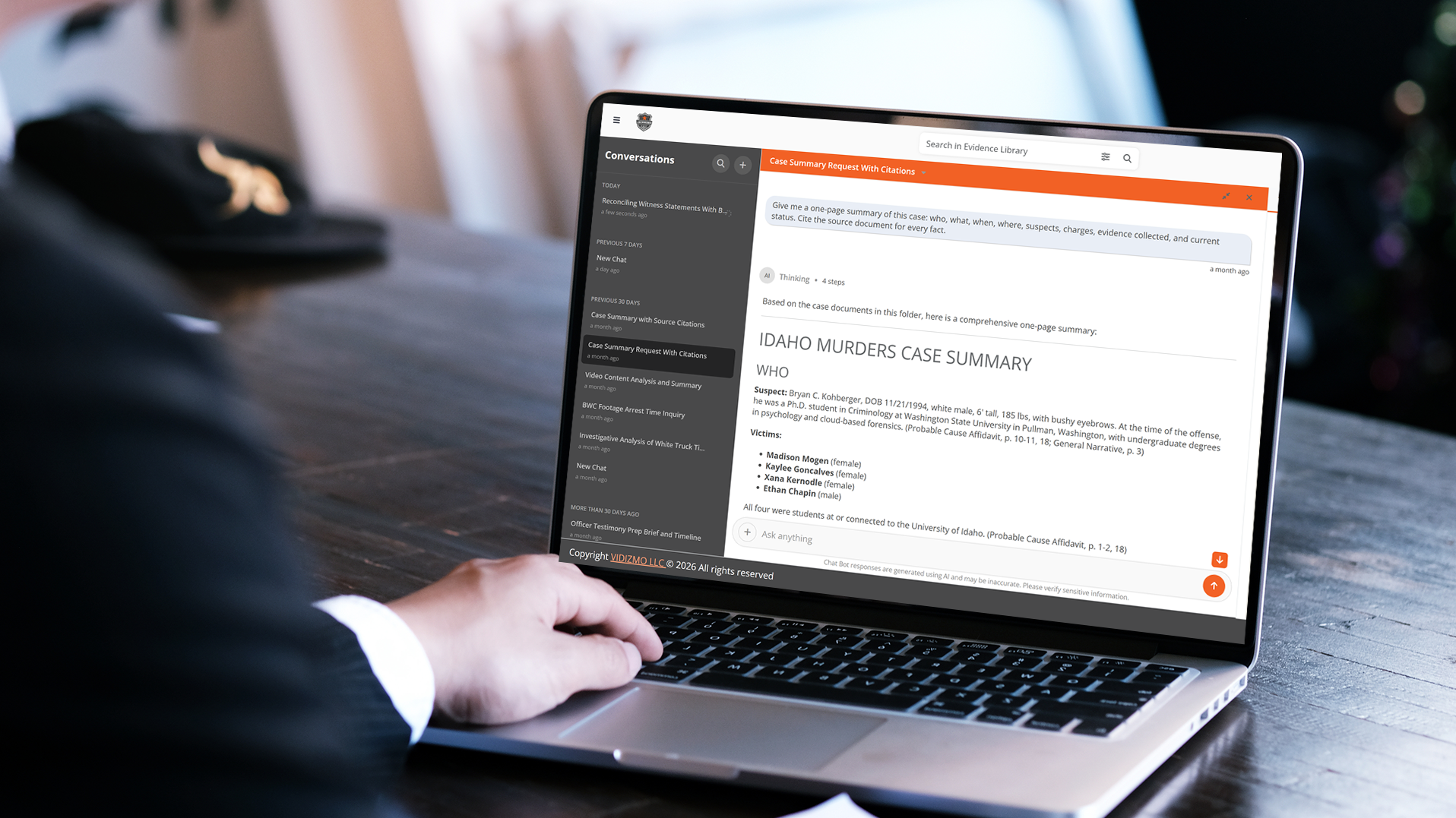 Investigator using AI Intelligence Hub to generate a cited case summary from digital evidence files