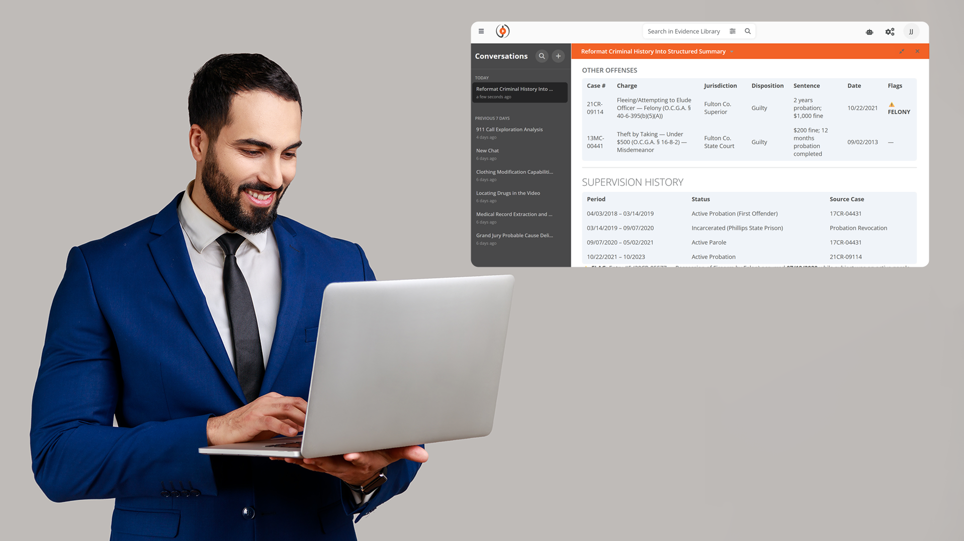 Man in a blue suit using a laptop, with VIDIZMO AI Intelligence Hub on screen reformatting a criminal history into a structured case summary.