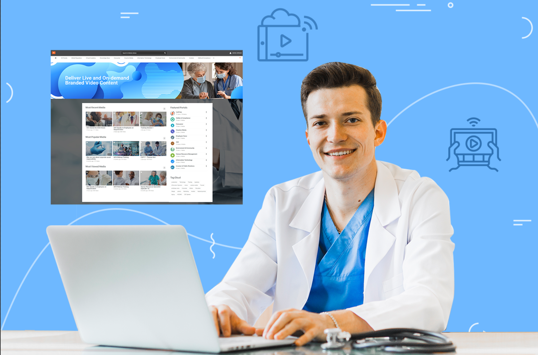 A male doctor using a HIPAA-compliant video platform