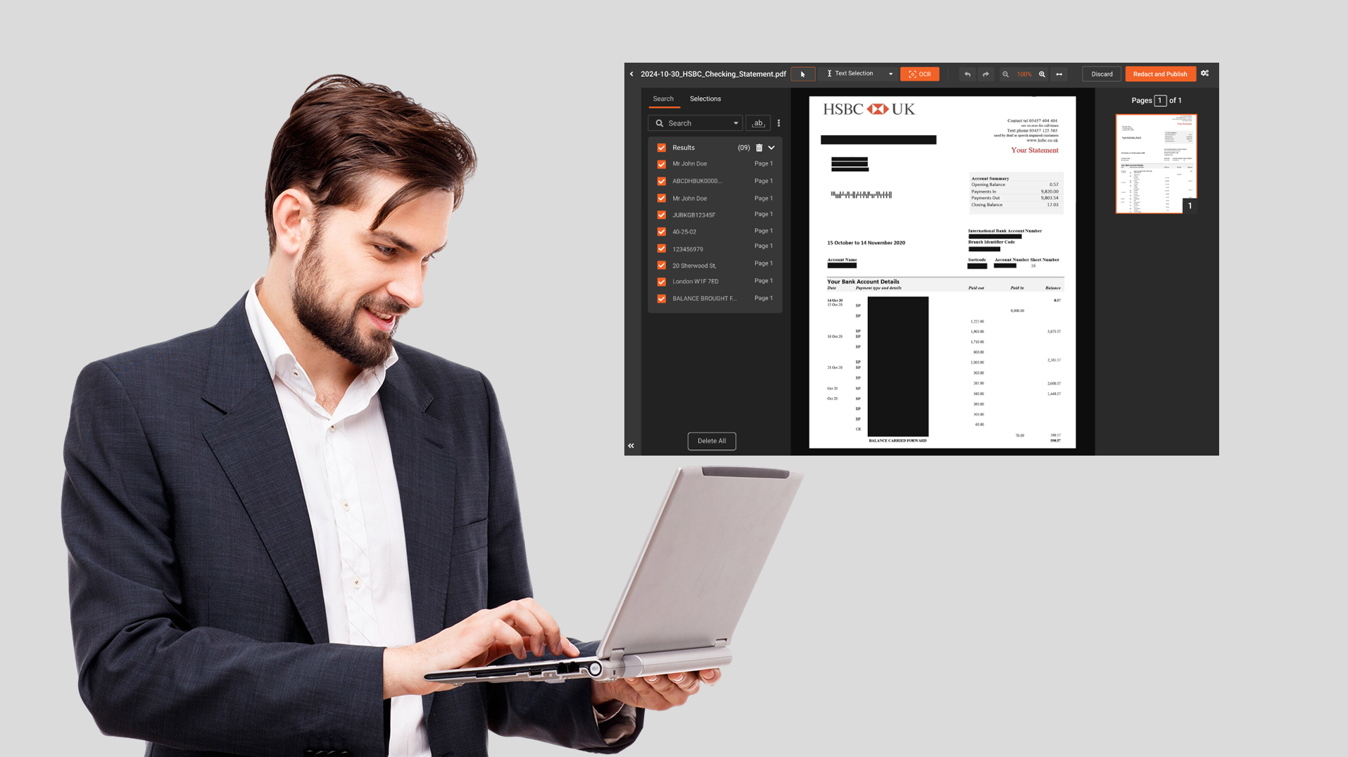 a person redacting bank account numbers using redactor