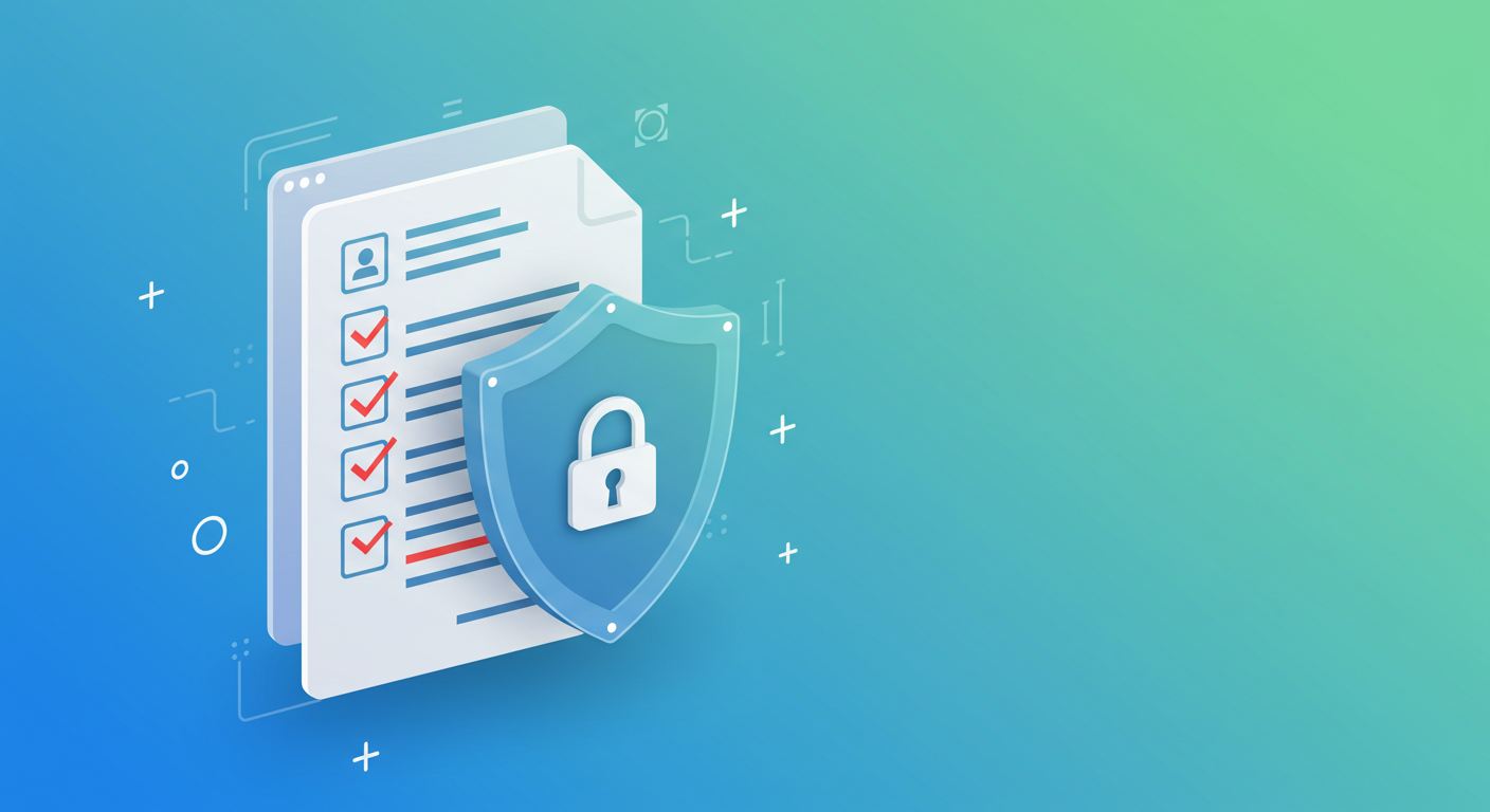 Illustration of a digital document secured with a padlock shield icon, representing PII redaction and data privacy compliance.