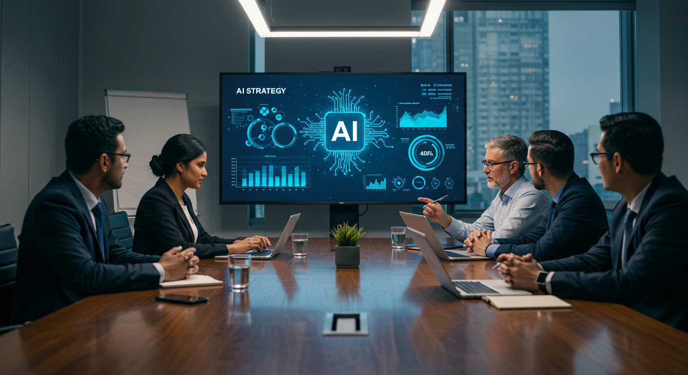 Business team discussing organizational AI readiness with AI-driven data visualizations on the screen.