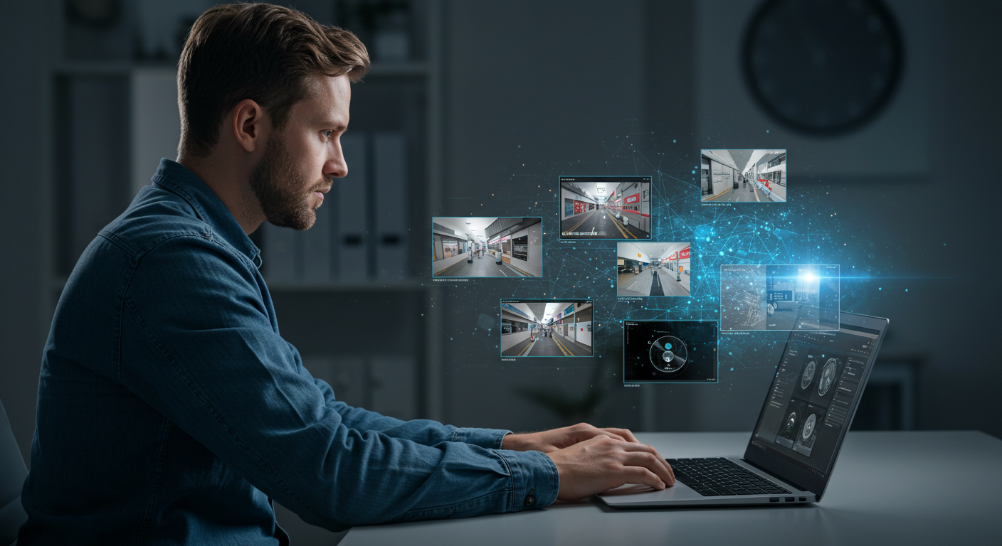 A man working on a laptop, analyzing multiple video feeds with AI-powered video solutions for activity recognition, facial detection, and video analytics in a professional setting.