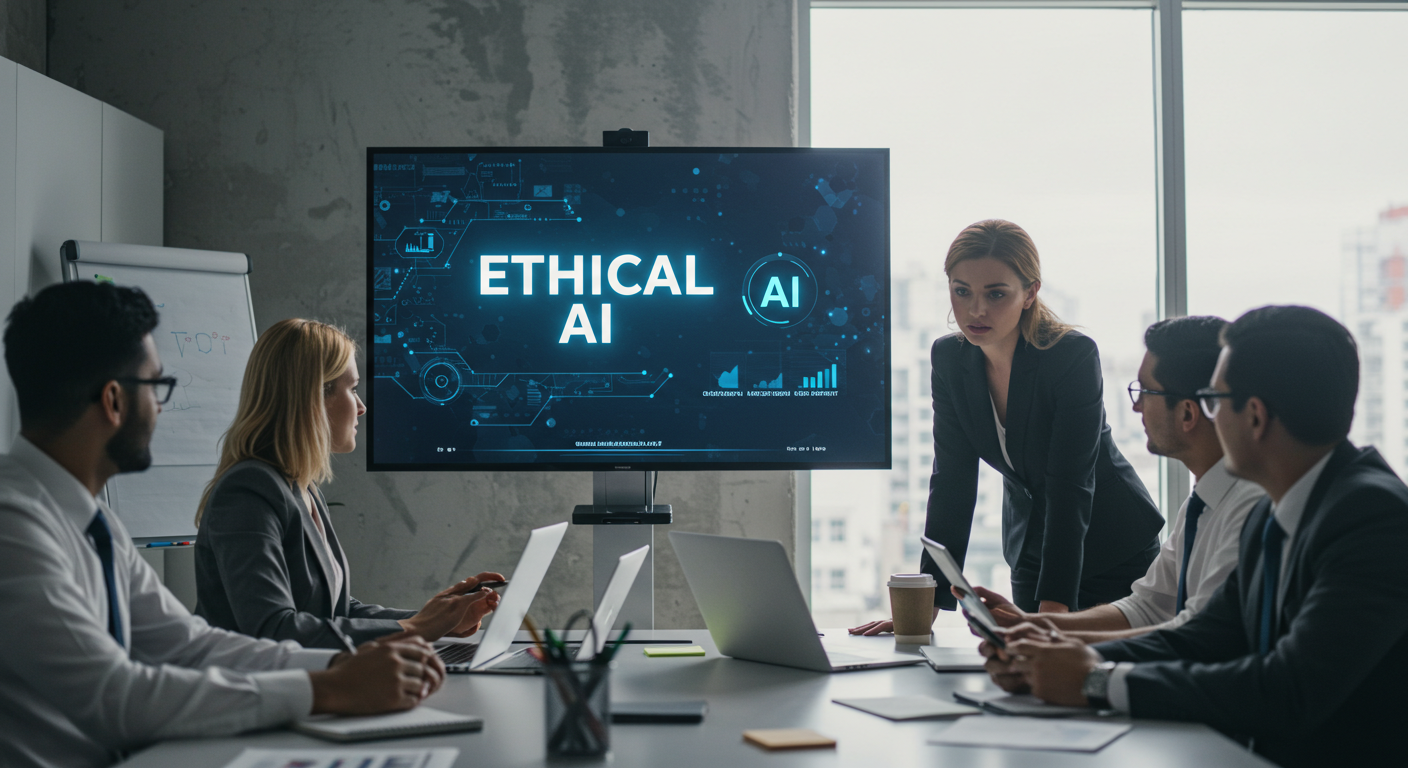 Business professionals collaborating on responsible AI development, with ethical AI principles and sustainability metrics displayed on a futuristic digital interface.