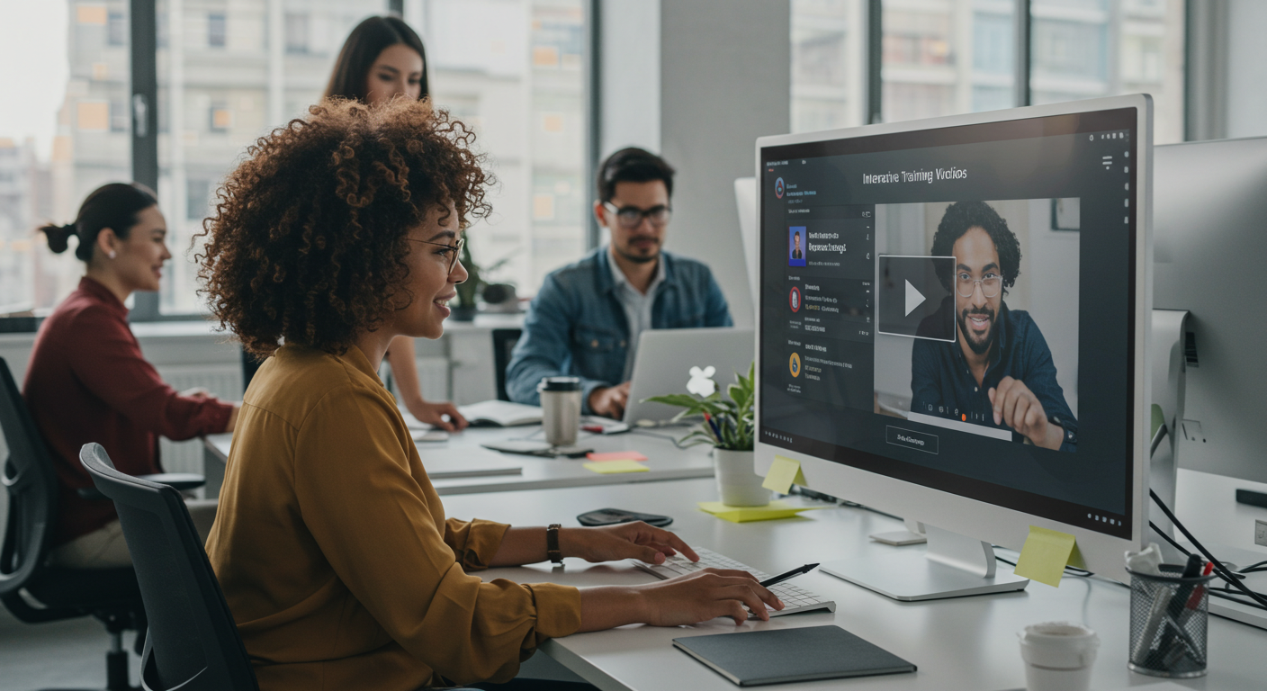 Employees watching interactive training videos on a knowledge-sharing platform.