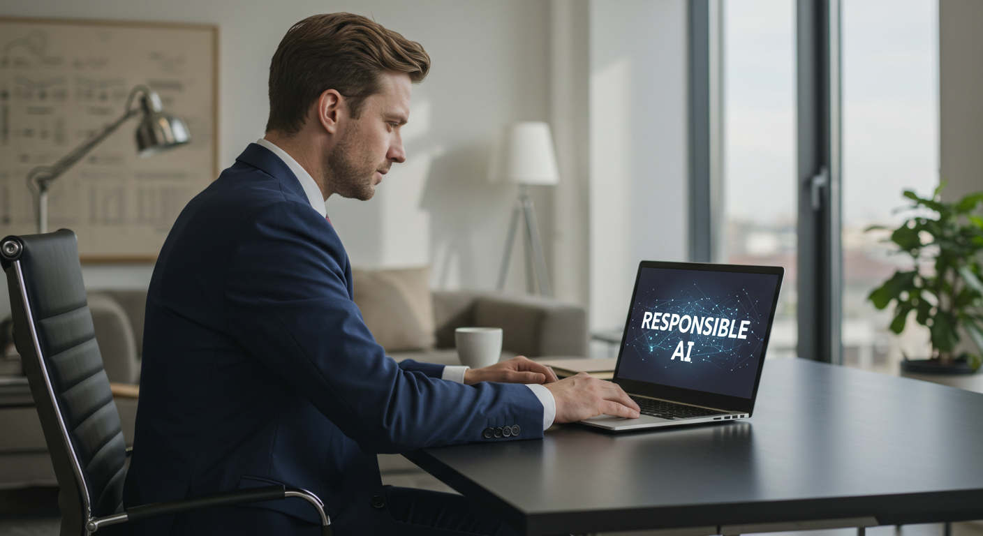 A Caucasian man sitting in his corporate office working on a laptop showing the words Responsible AI