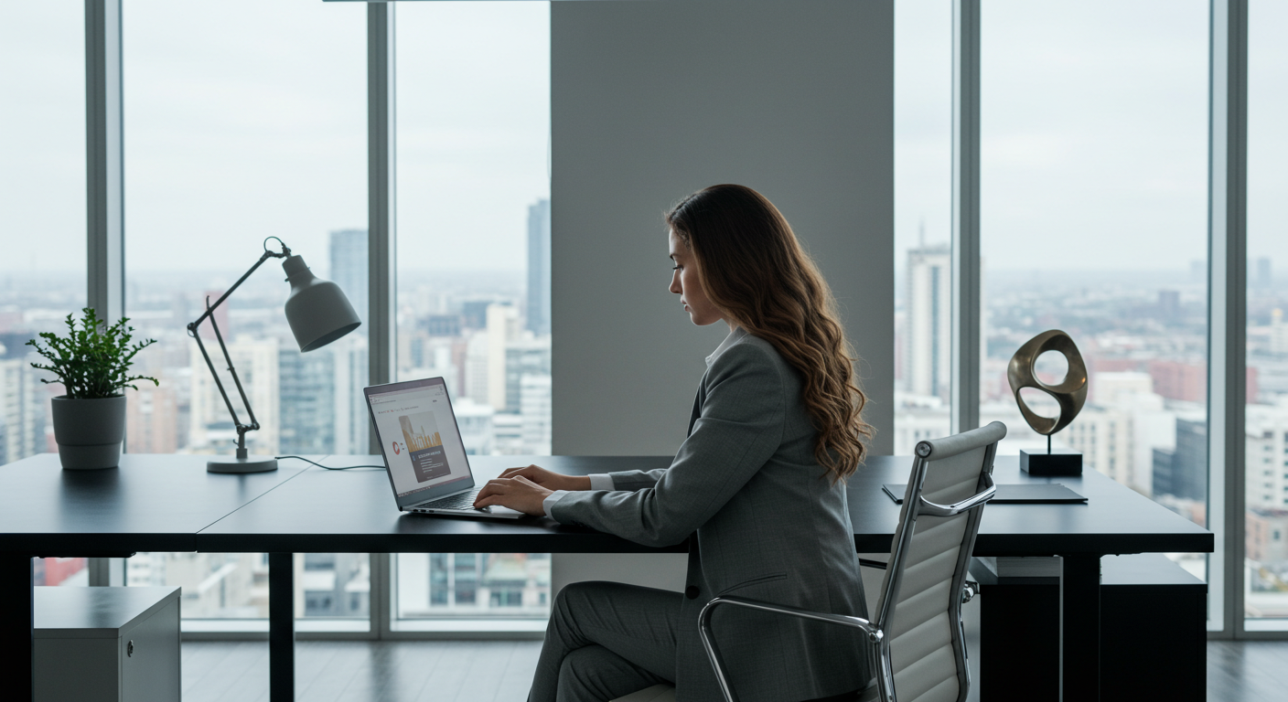 A professional woman in a modern office setting watching an on-demand training video on her laptop, utilizing a video training platform for workplace learning.