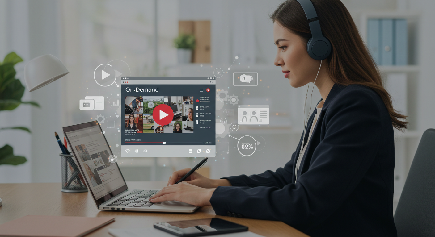 A young professional wearing headphones is seated at a desk, watching an on-demand video on a laptop. Floating digital icons and a holographic video player interface emphasize the concept of video streaming and accessibility anytime, anywhere.