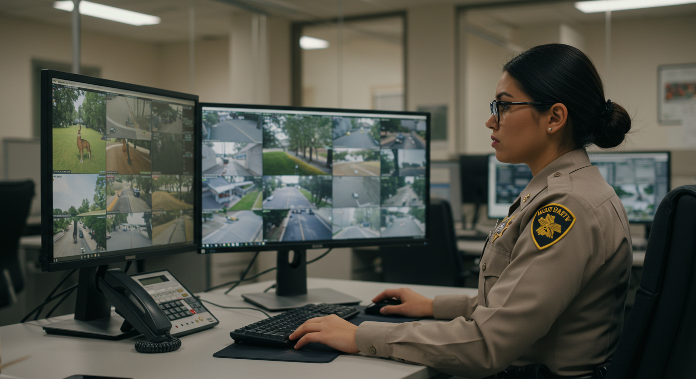 A public safety office watching cctv of wildlife and parks on computer