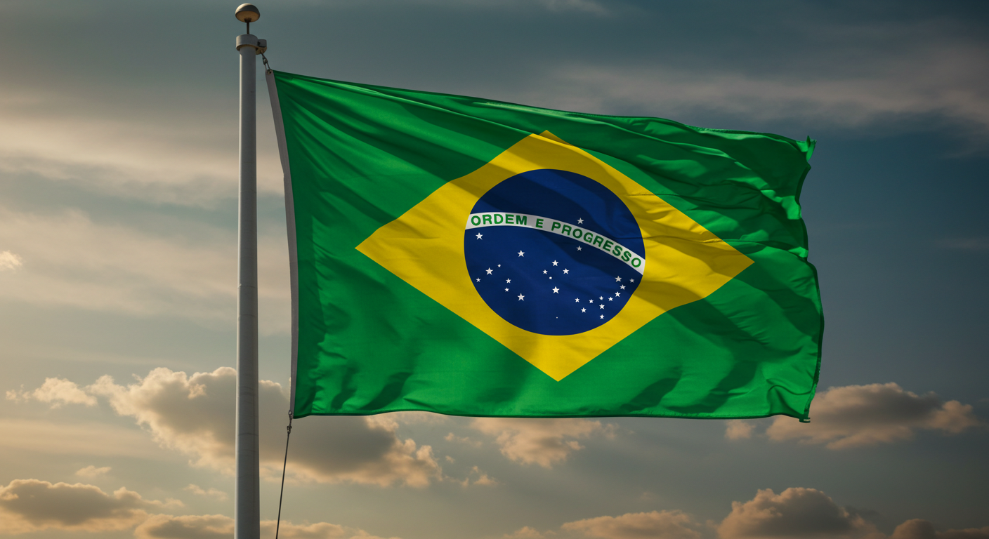 The image shows the Brazilian flag waving with the motto 