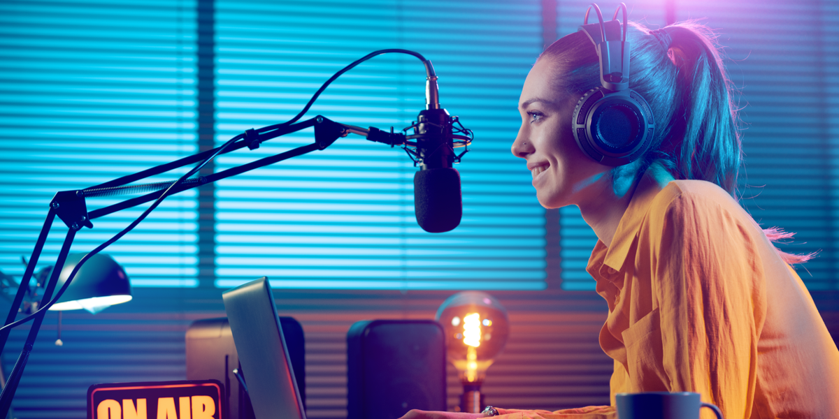 A woman recording speech for transcription