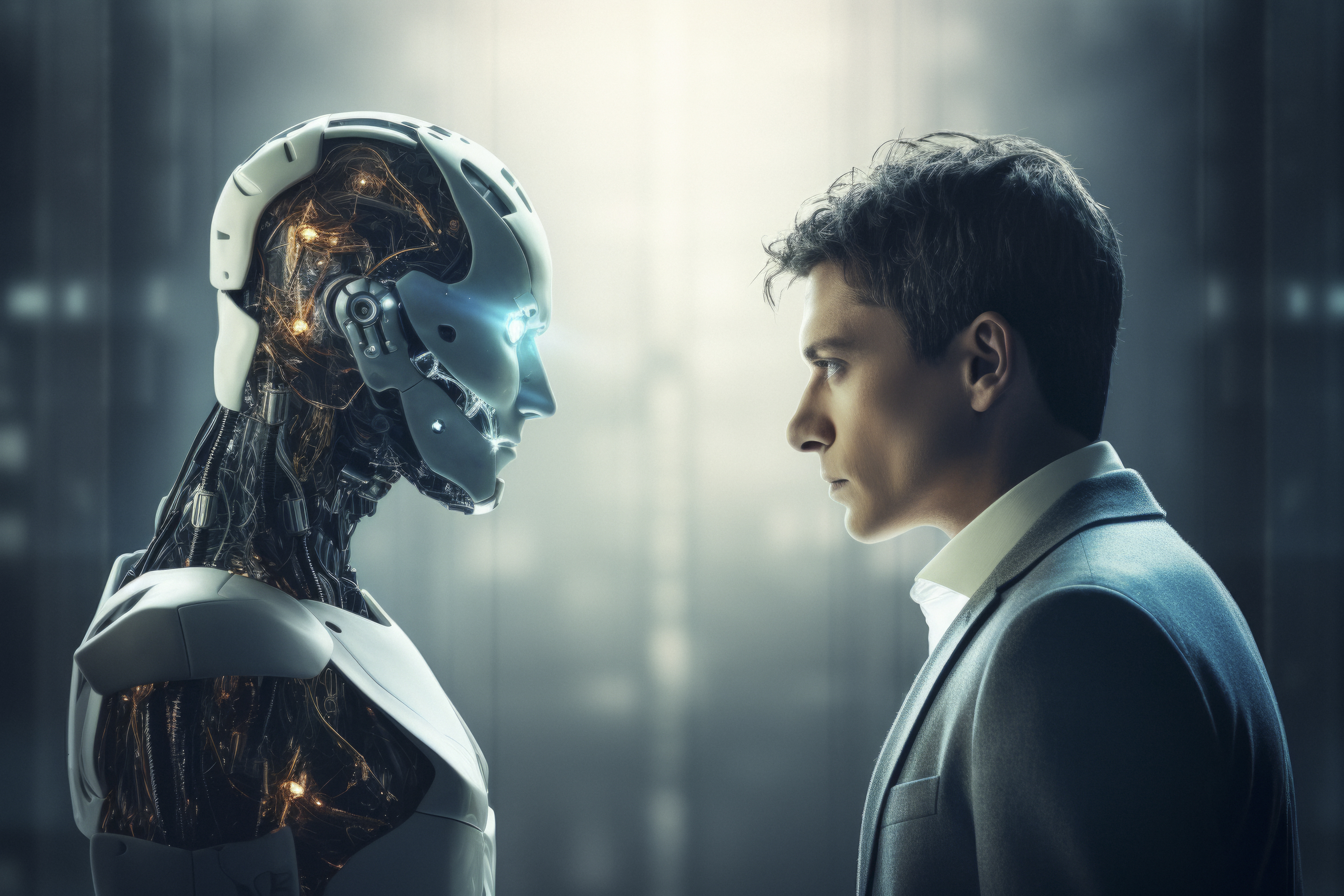 A Robot and a man face to face with each other